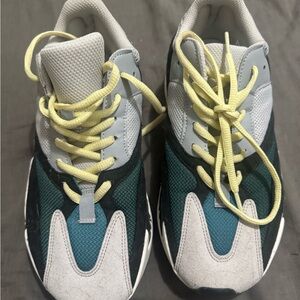 Yeezy Teal and Gray Sneakers with Yellow Laces